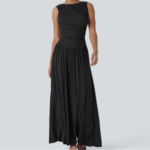 Halara medium Ribbed Boat Neck Asymmetric Ruched Pocket Flowy Maxi Casual Dress